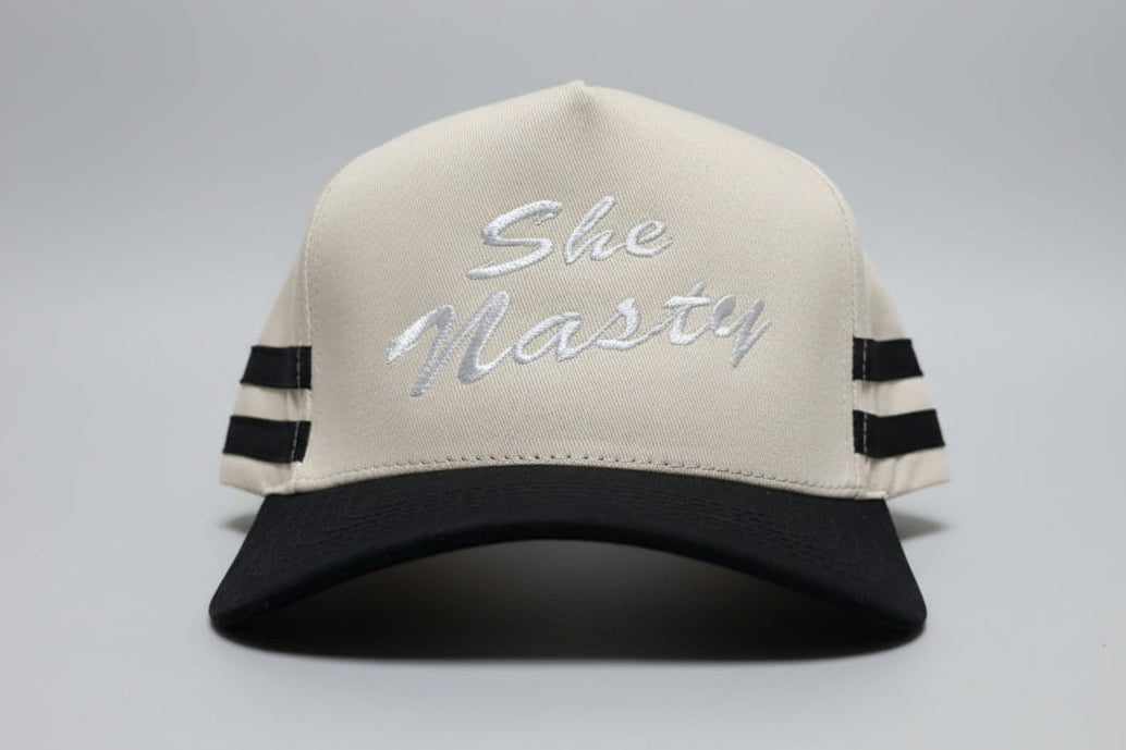 She Nasty (Cream/Black Stripes) Embroidered Hat