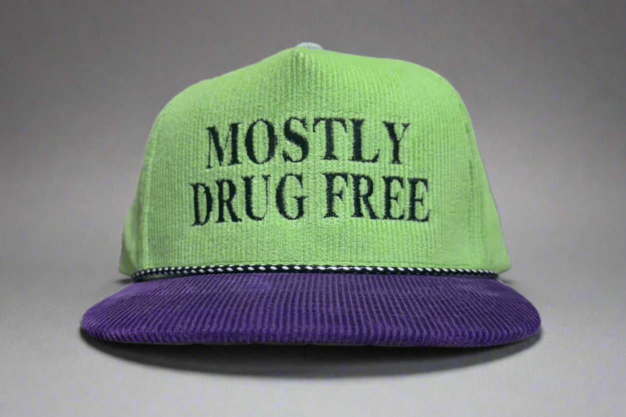 Mostly Drug Free (Green/Blue Corduroy) Embroidered Hat