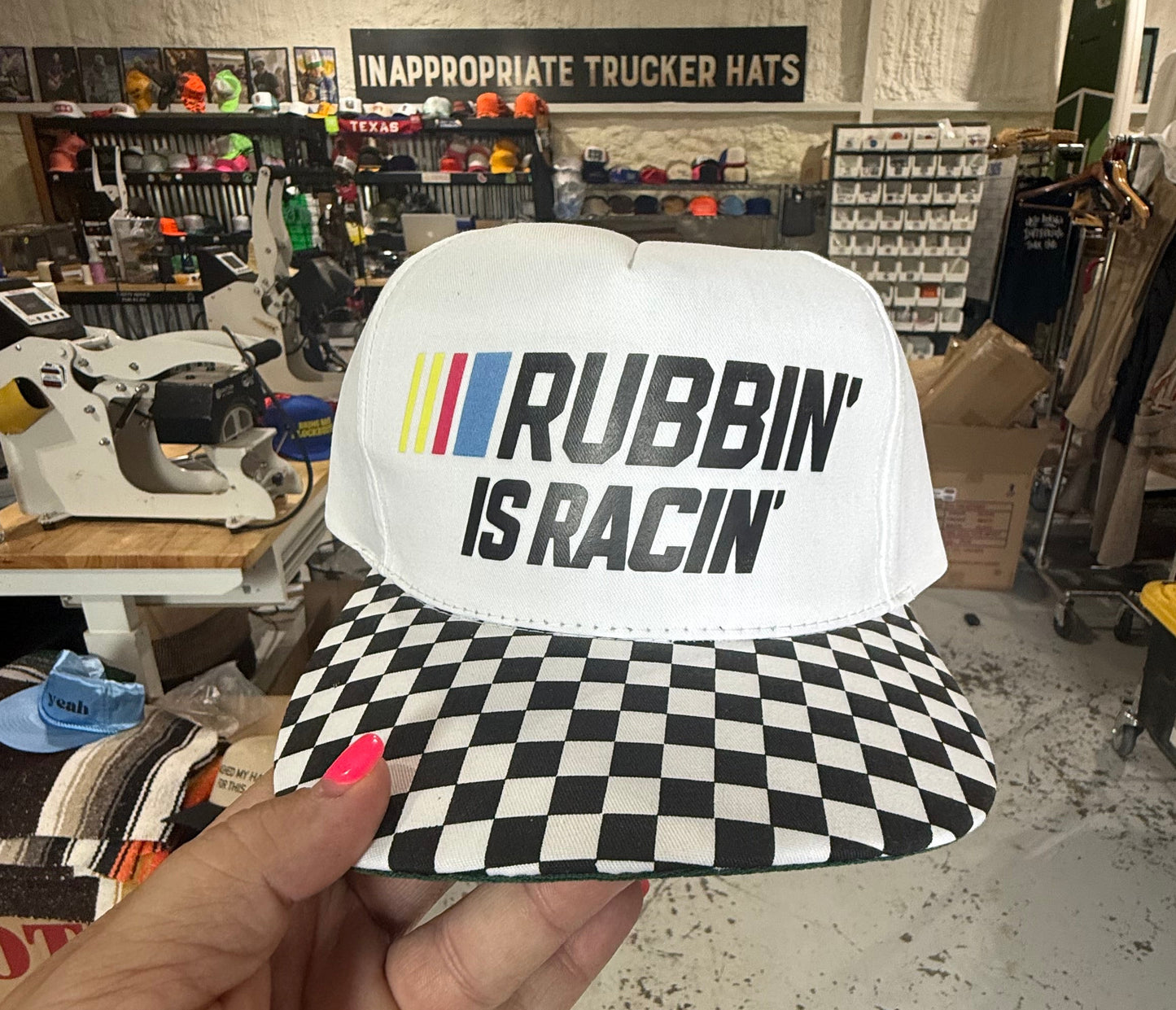 Rubbin’ is Racin’ (vintage checkered bill)