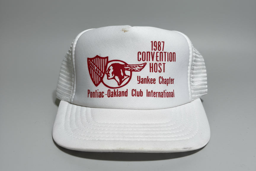 vintage White hat with red text and logo