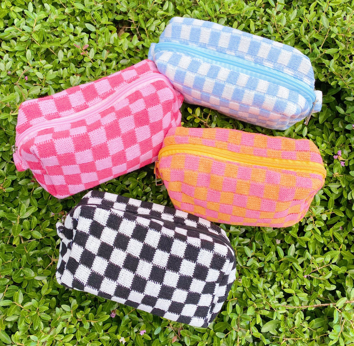 Pink Checkered Cosmetic Bag