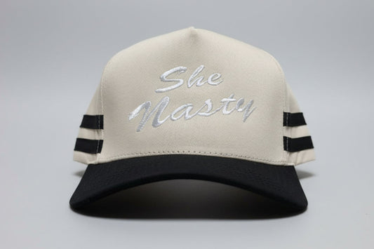 She Nasty (Cream/Black Stripes) Embroidered Hat
