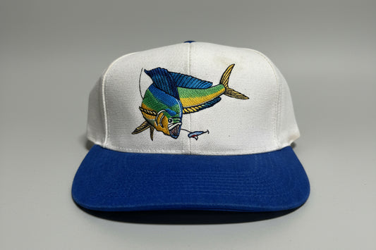 off white front with mahi-mahi design and a blue bill on a vintage cotton hat