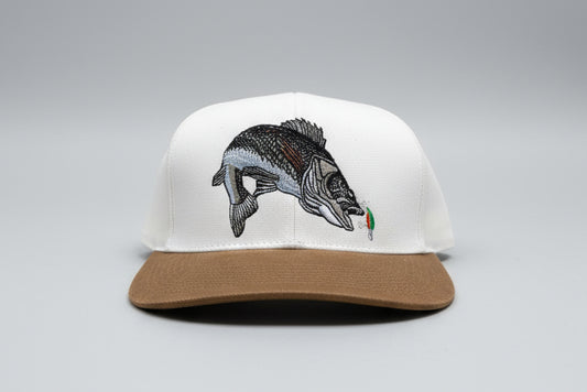 off white front and tan bill with fish design on a vintage cotton hat